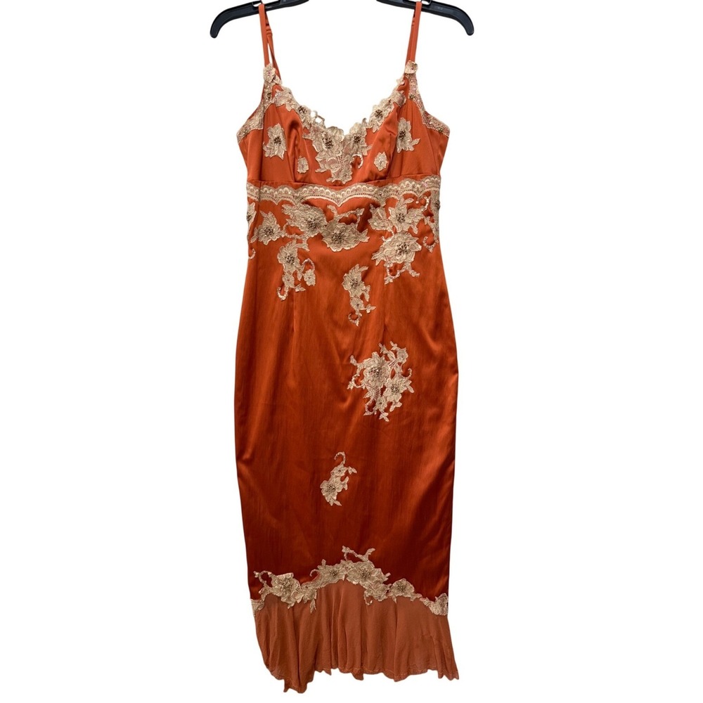VTG Mandalay Y2K Slip Dress Rust Satin Lace Sequin Beaded Cocktail 8 Orange Midi